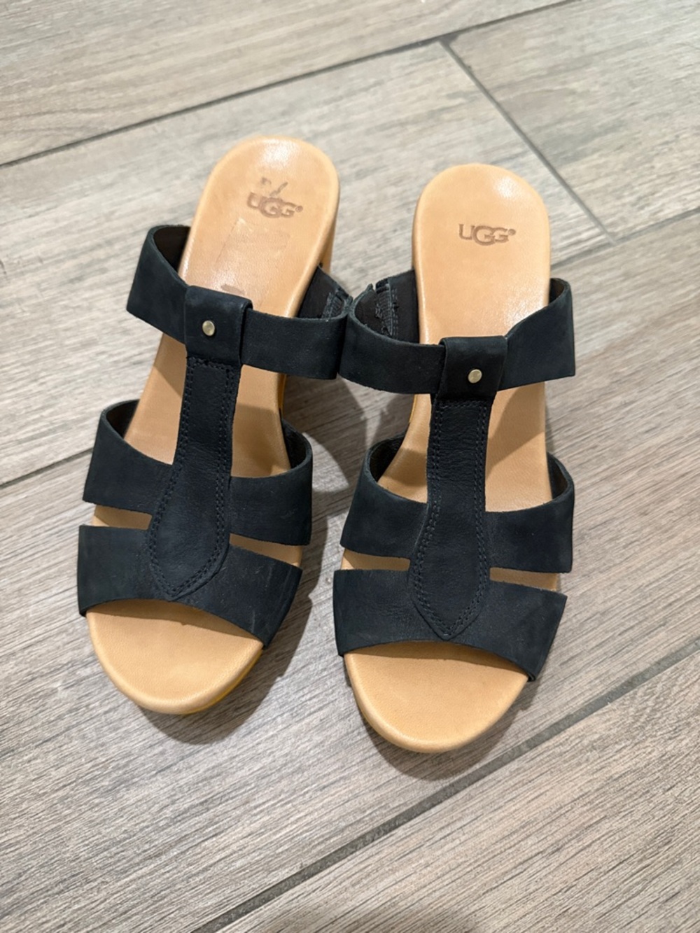 UGG Black Leather Multi-Strap Slide Sandals
